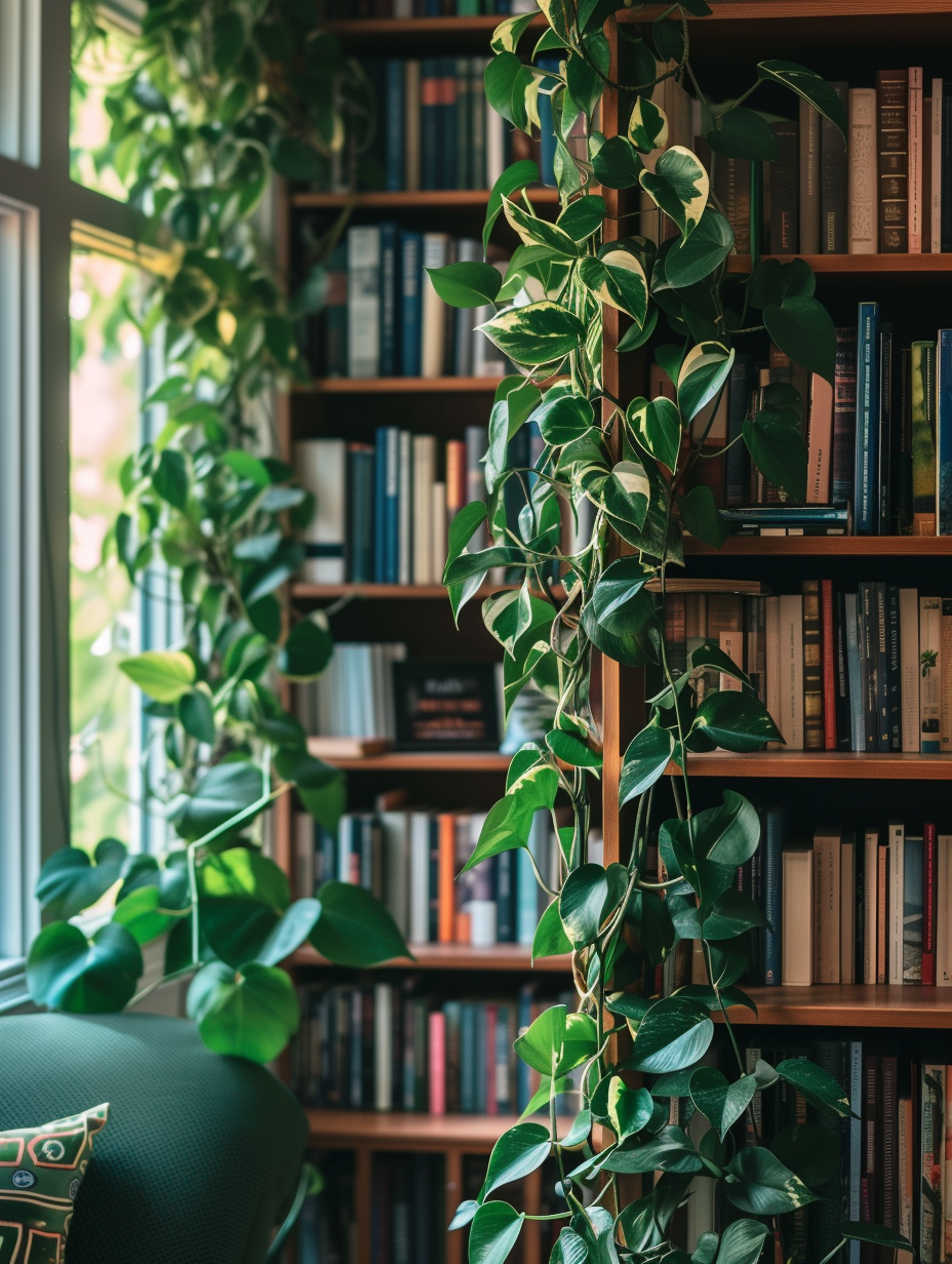 A luscious pothos plant draping over the edge of a high bookshelf in a sleek, modern library
