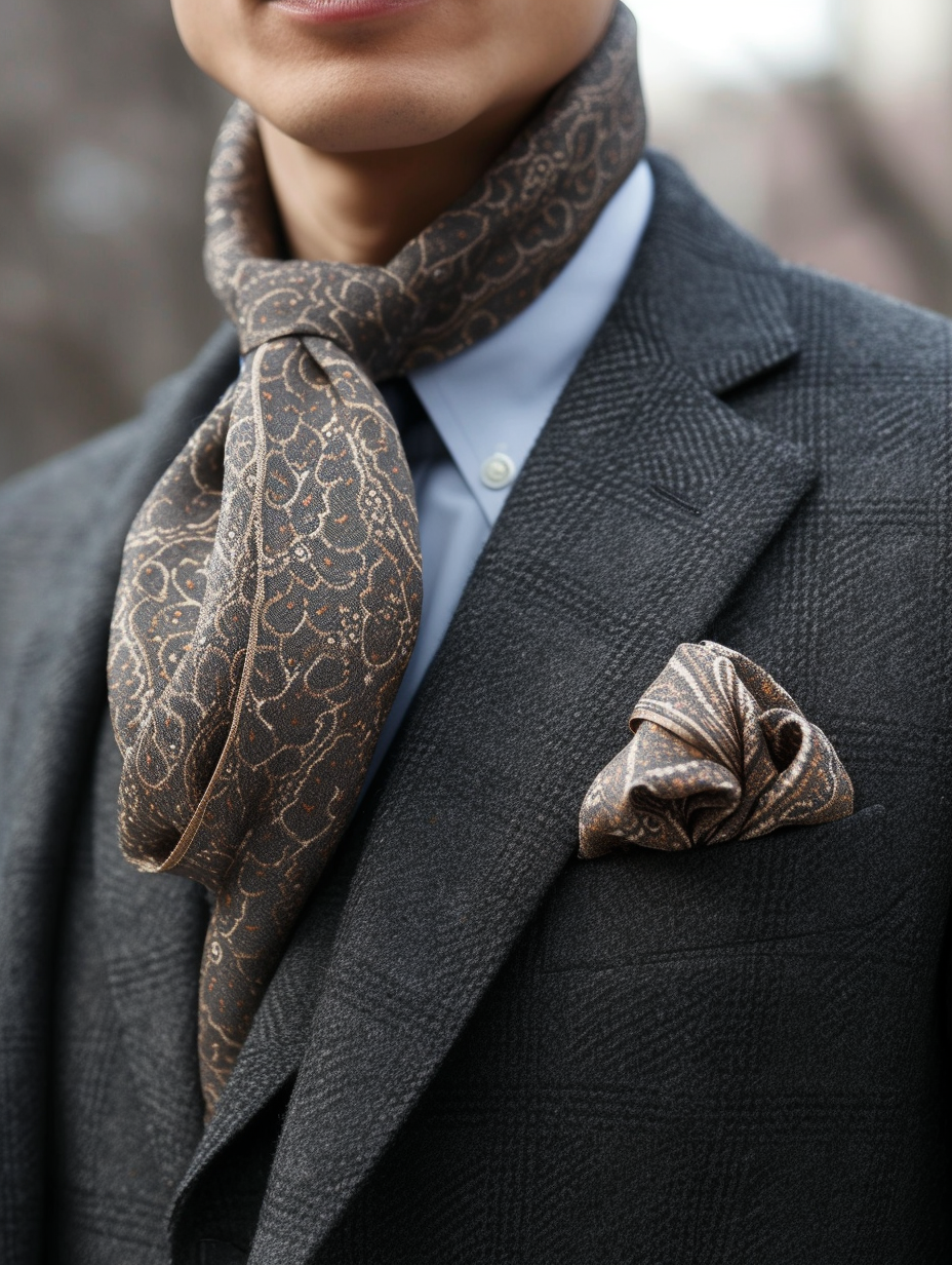 A man in a formal suit with a silk scarf stylishly worn as a pocket square