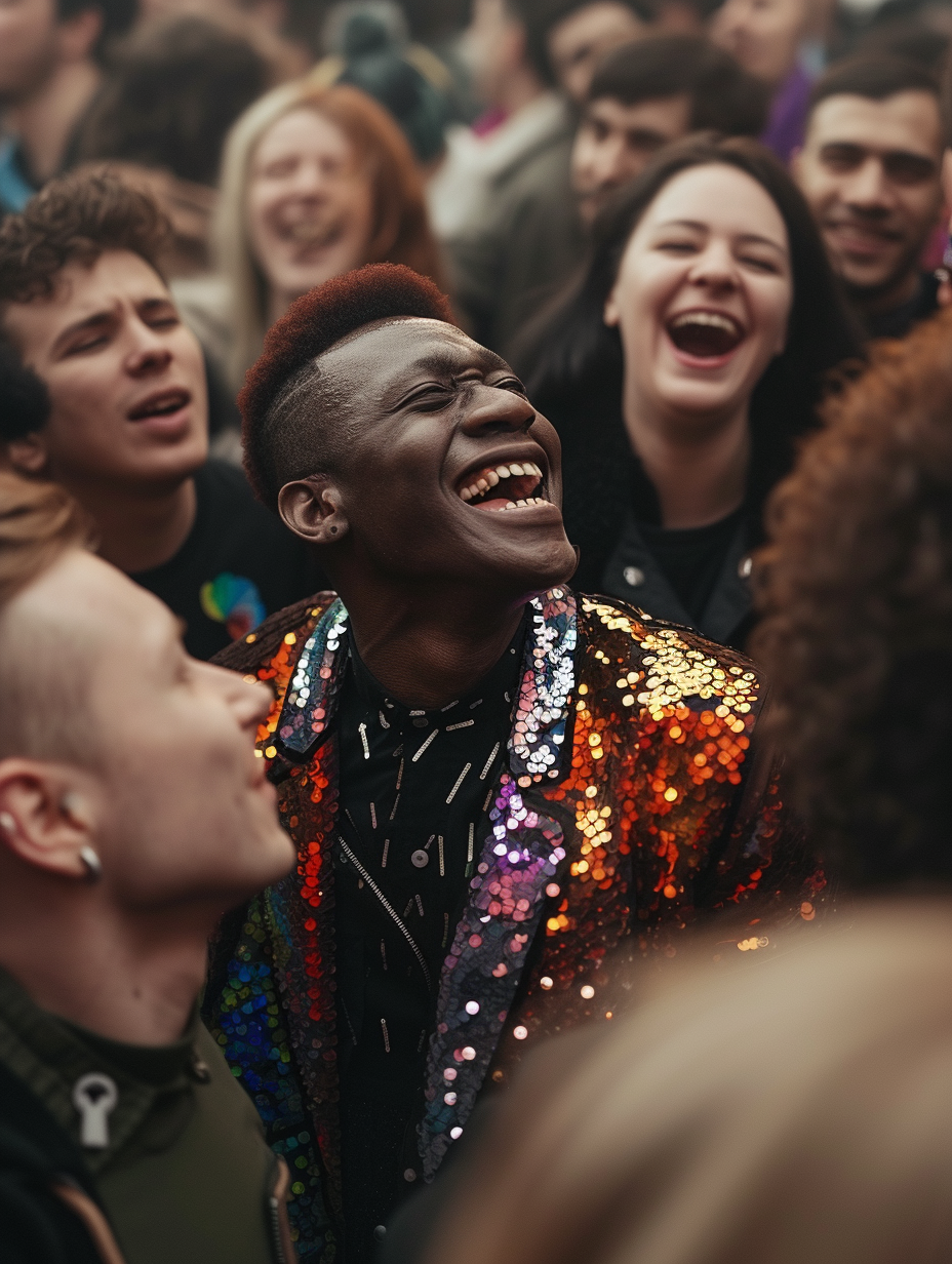 A man in a sequin jacket laughing in a crowd