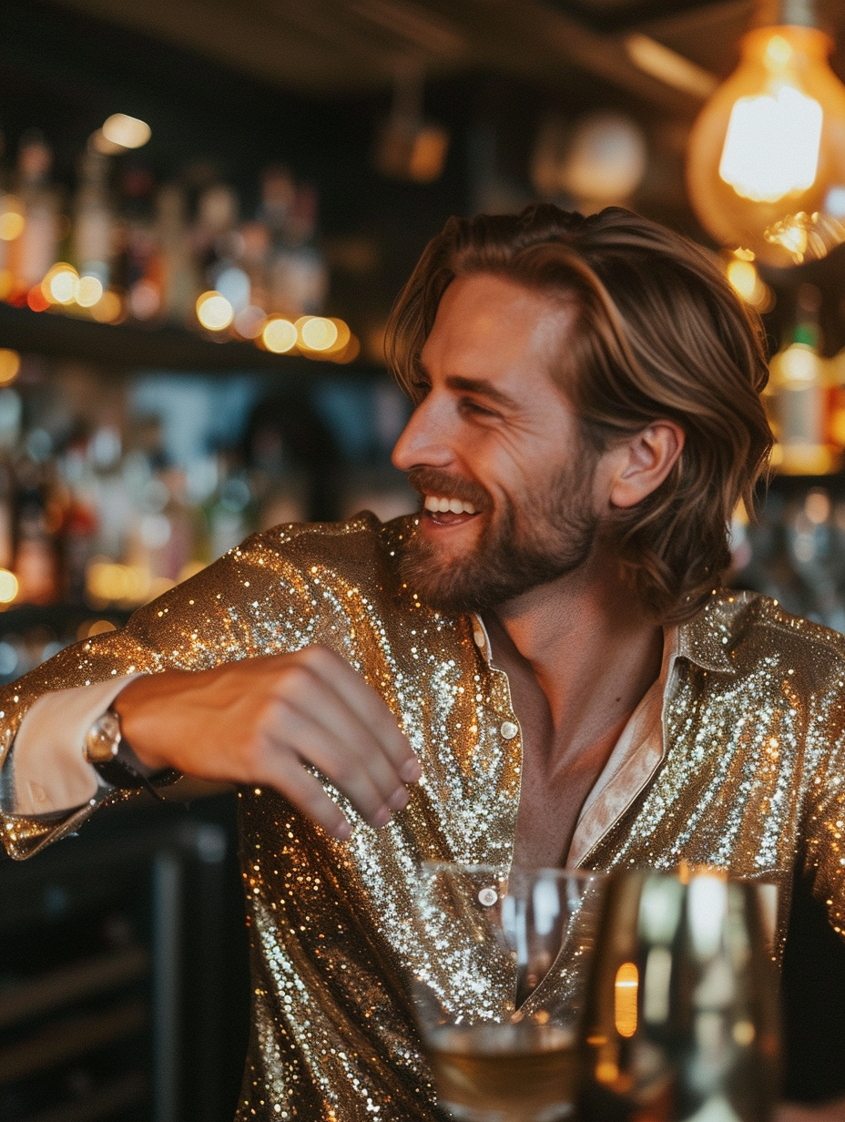 A man in a sequin shirt at a New Year Eve party