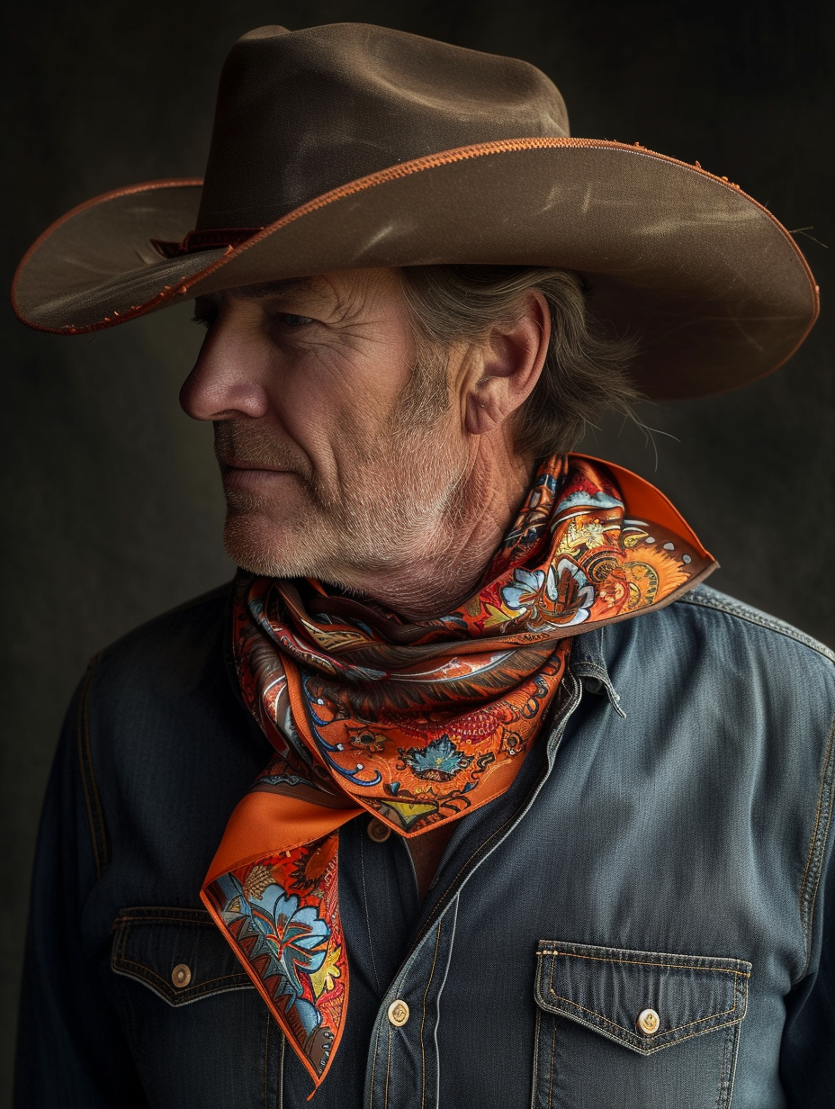 A man using a silk scarf as a decorated cowboy hat band