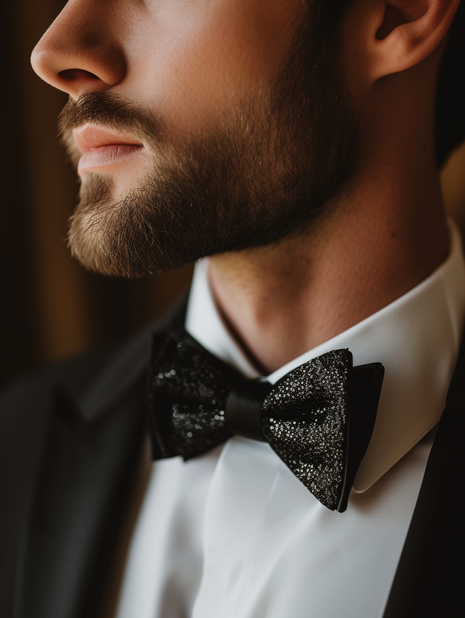 A man wearing a sequin bow tie at an opera night