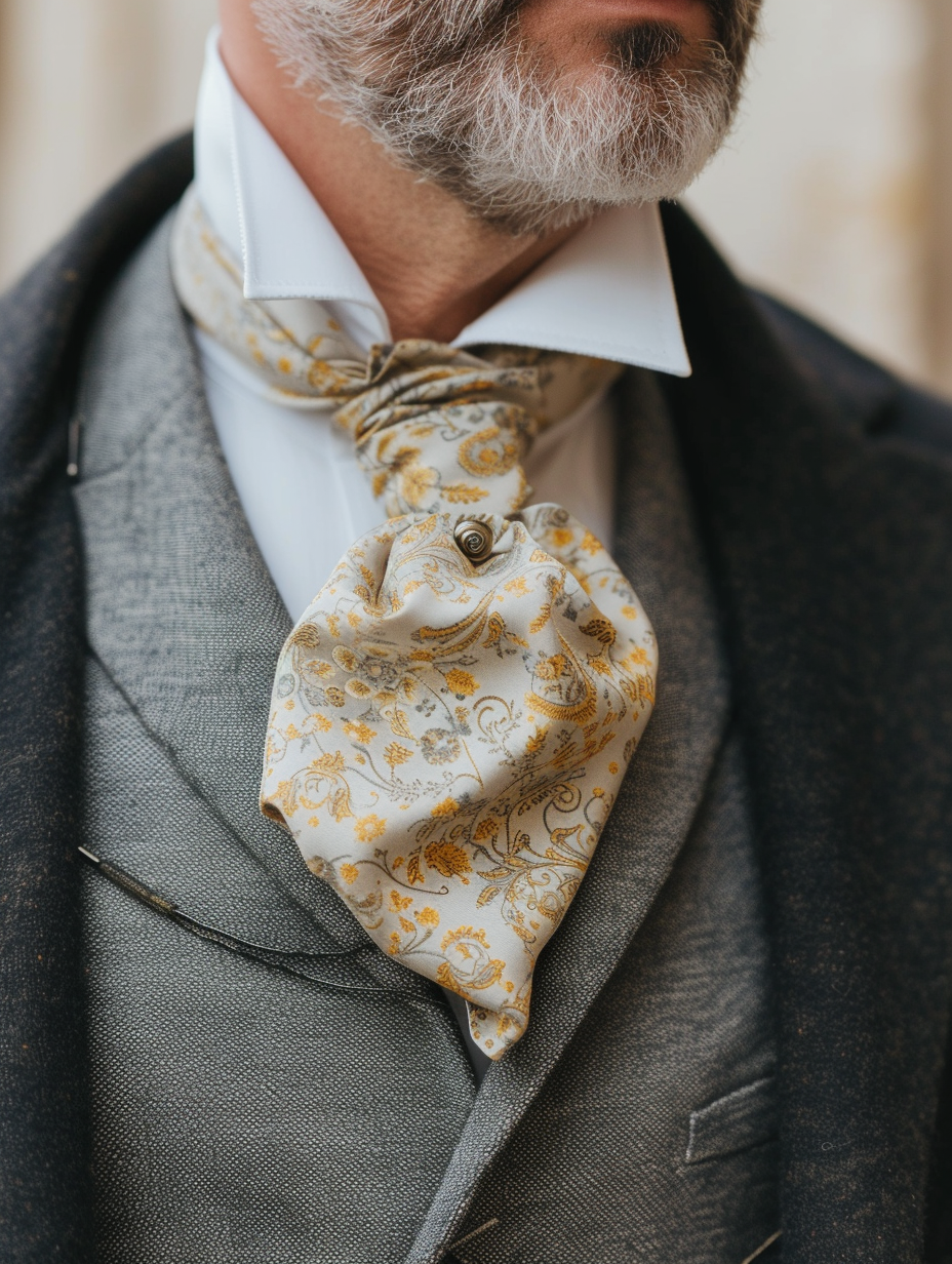 A man wearing a silk scarf as a dapper cravat with a pin