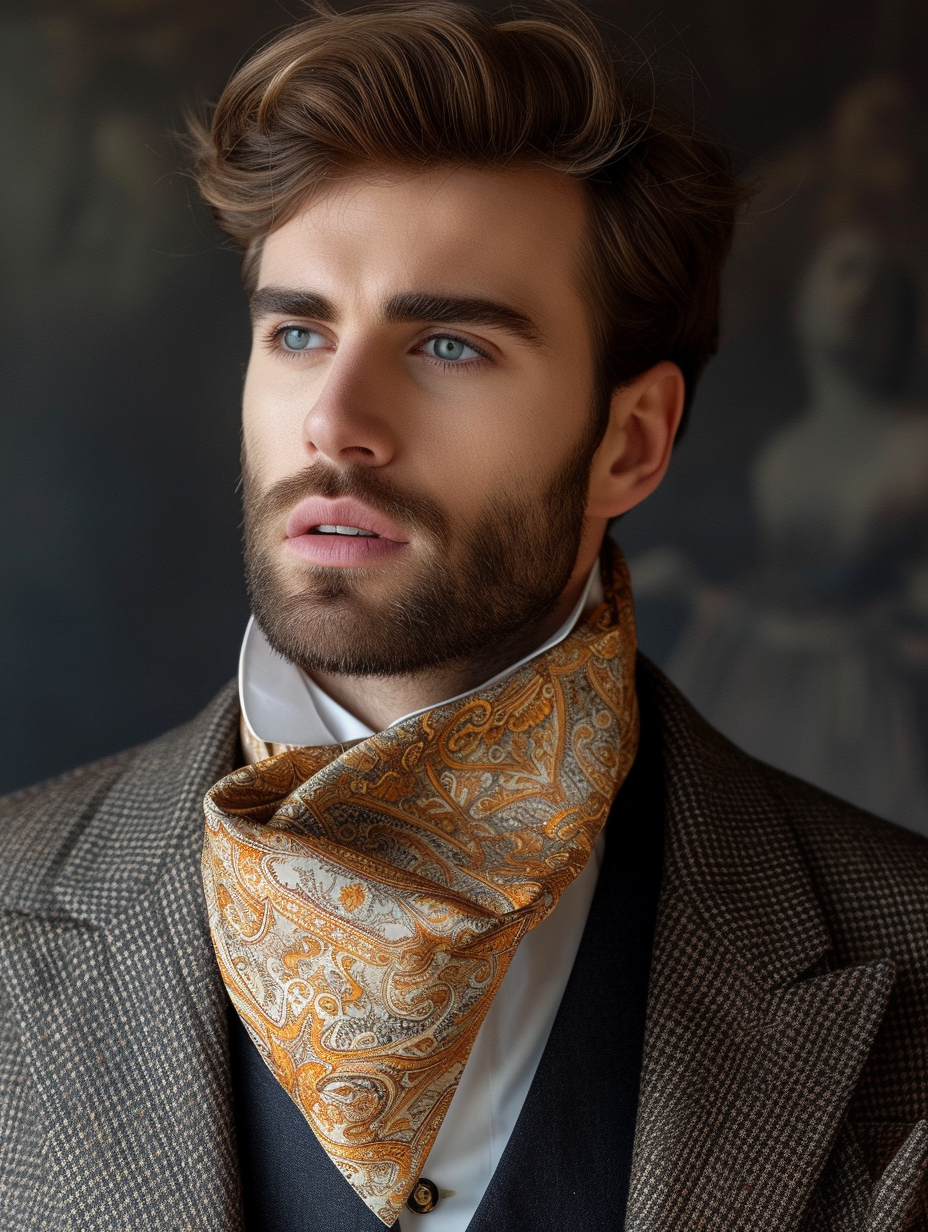 A man with a silk scarf worn as a bijou ascot tie