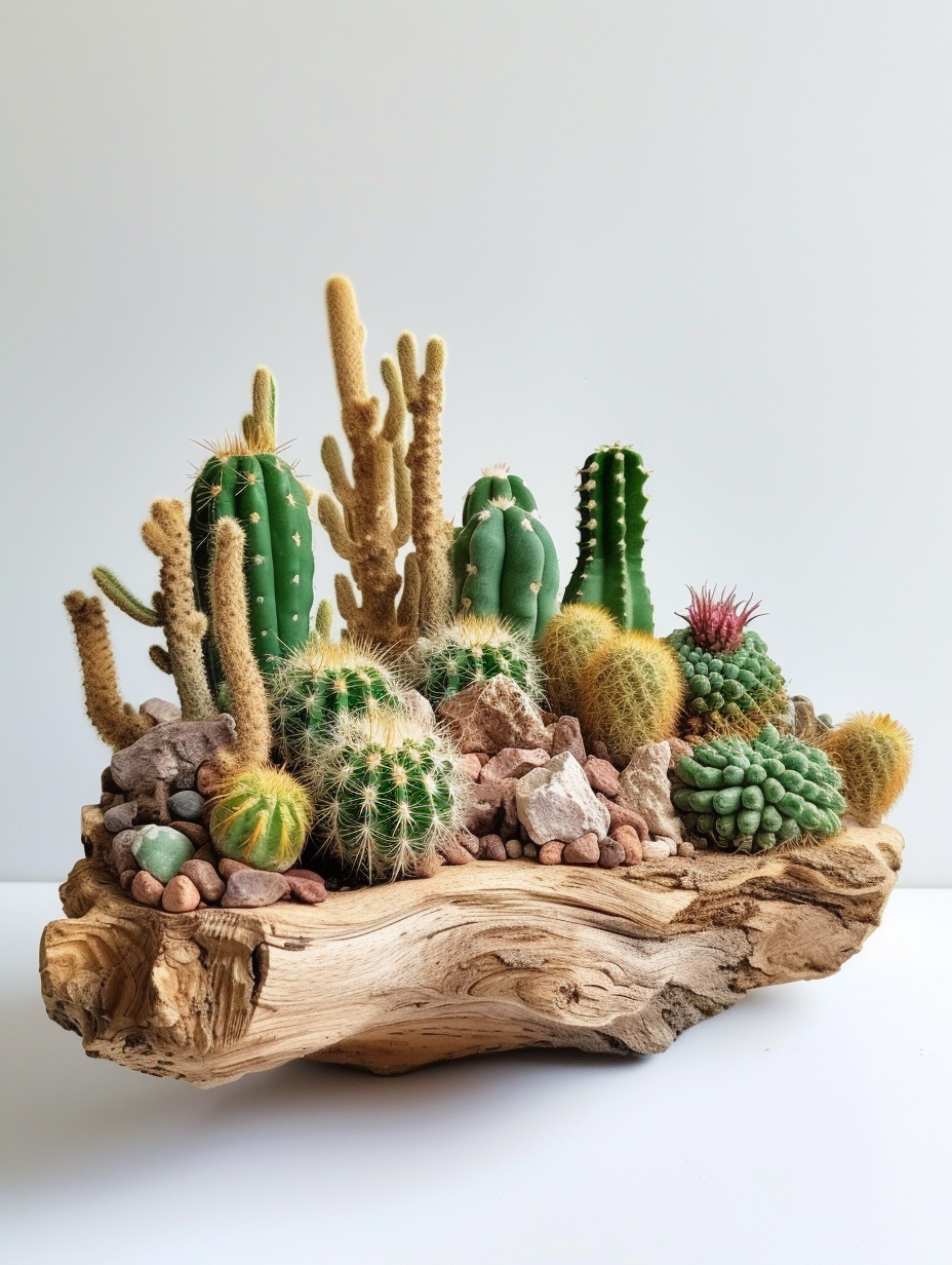 A mini cactus world featuring a variety of cacti planted in a reclaimed driftwood piece.