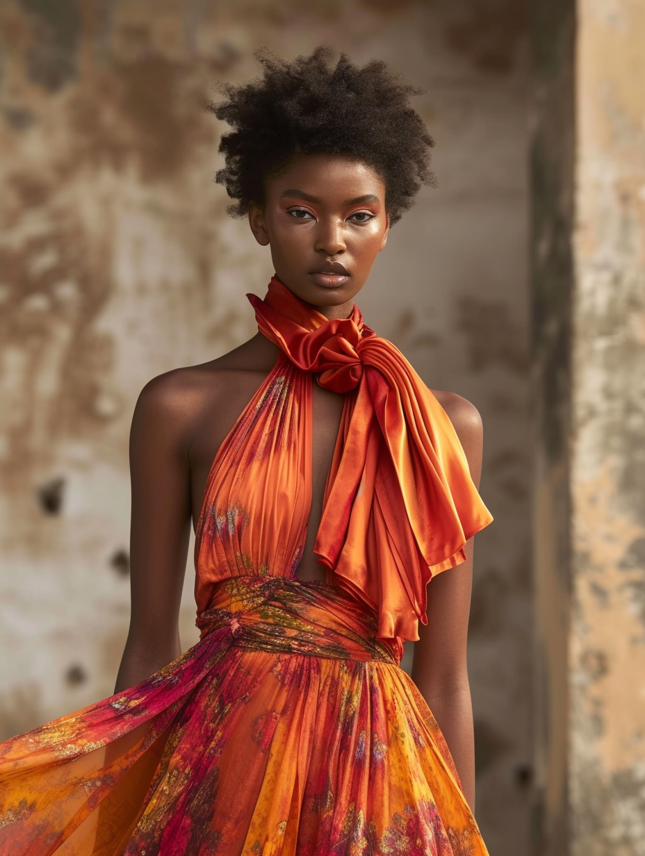 A model with a silk scarf as a waist cincher over a flowy dress