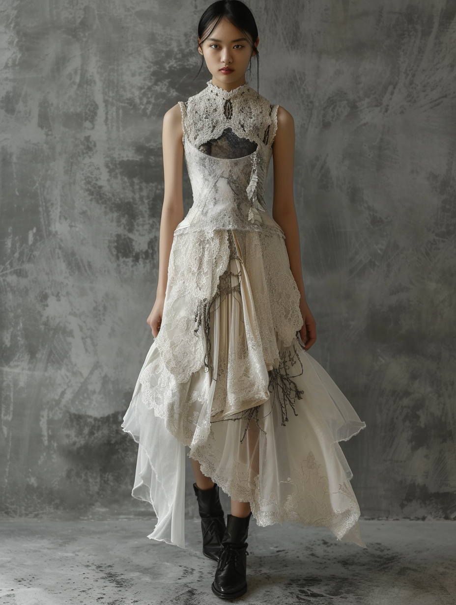 A modern chic dress inspired by Victorian romantic styles, made with lace and silk