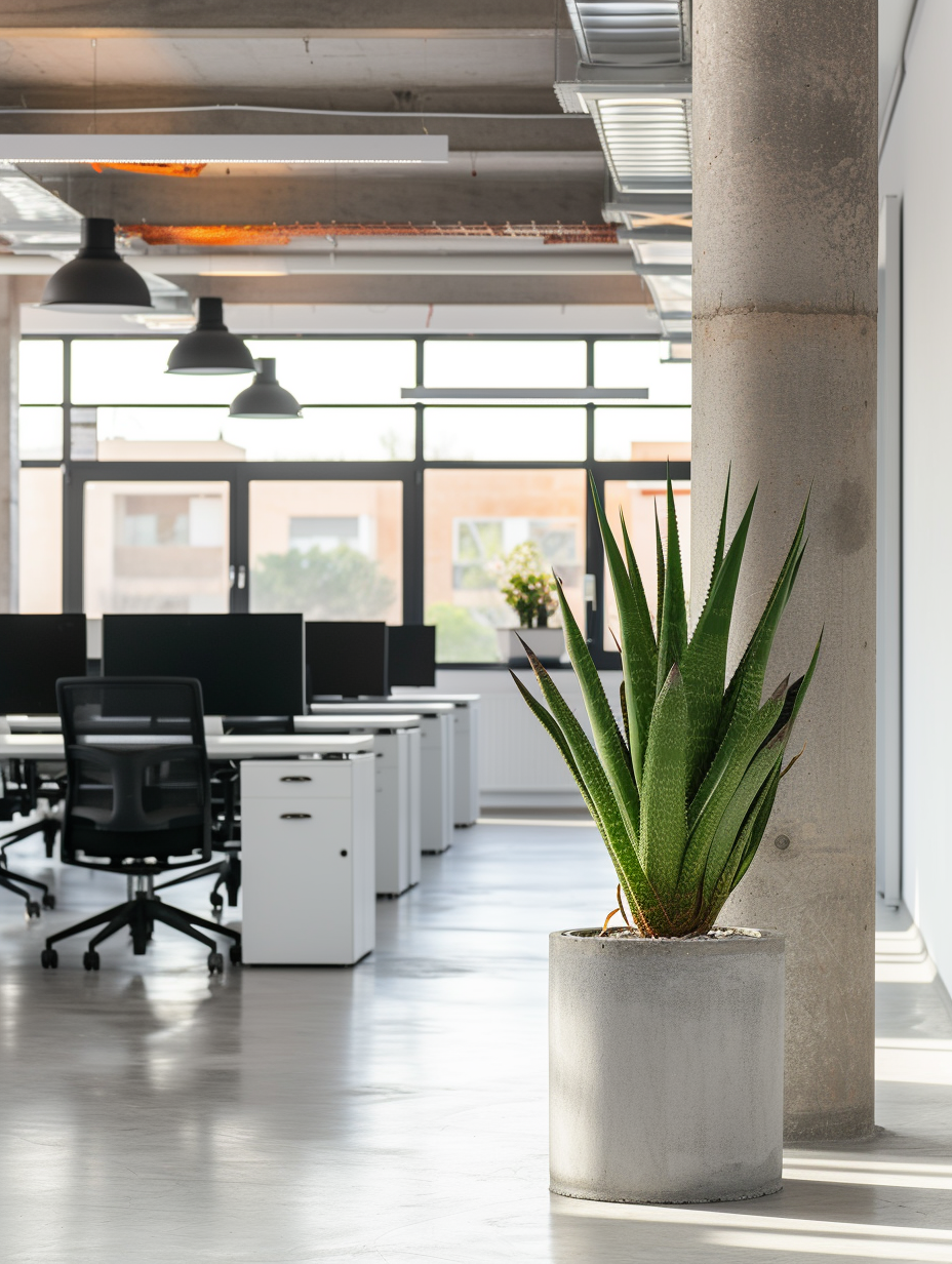A modern co-working space featuring a tall succulent plant in a raw concrete pot among a hive of identical white desks.