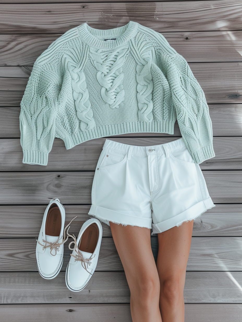 A monochrome mint spring outfit featuring a cable knit sweater, high-waisted shorts, and boat shoes in a fashion-forward setting. --ar 3:4