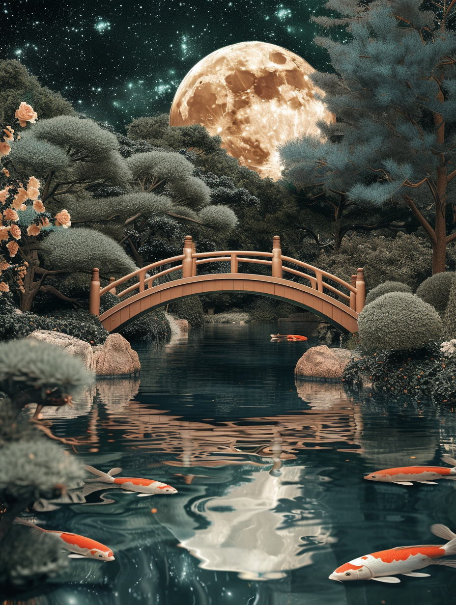 A moon bridge crossing over a peaceful Koi pond in a Zen garden