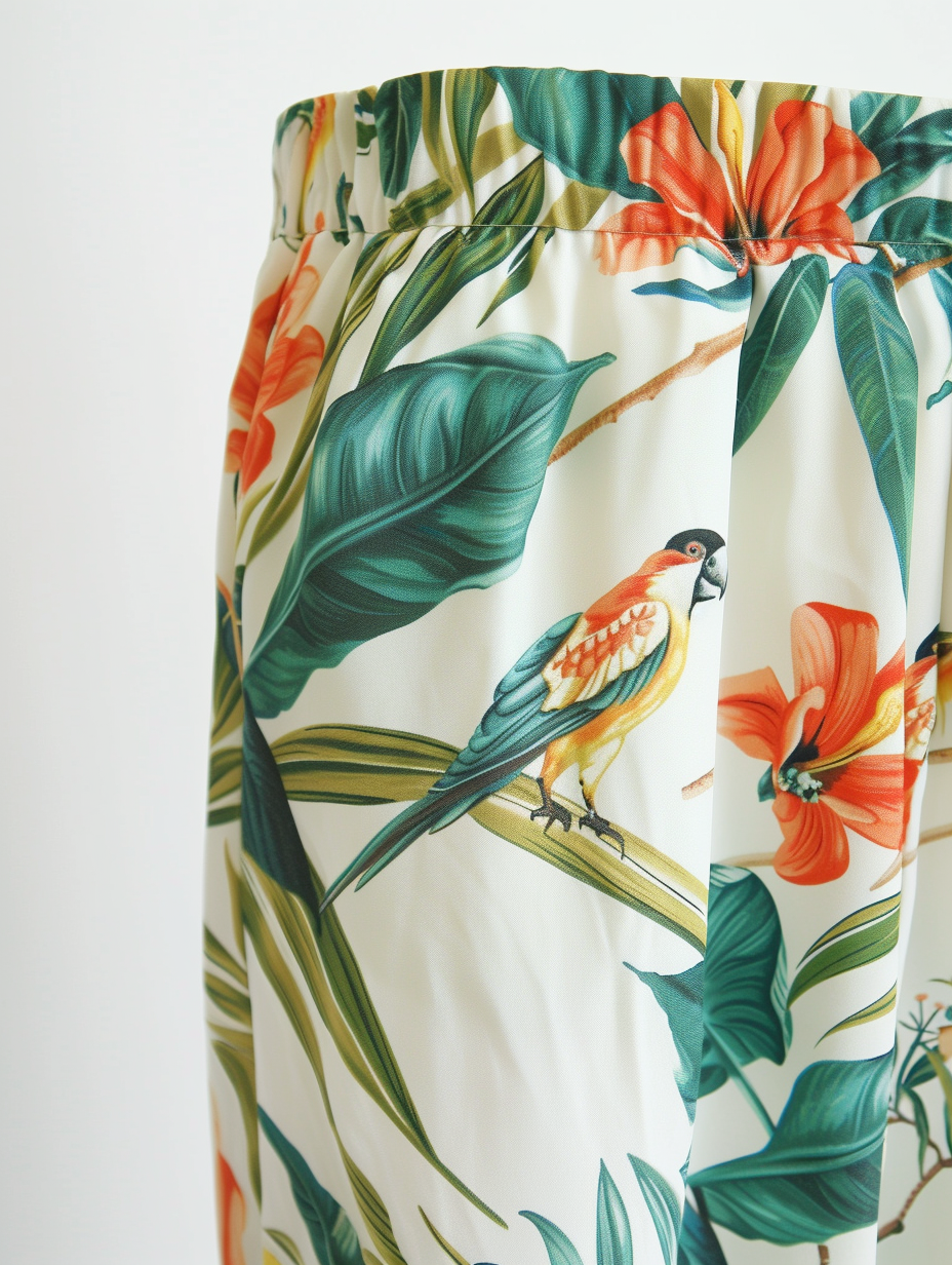A pair of capri pants with a tropical bird print
