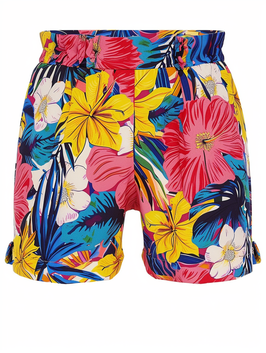 A pair of high waisted shorts in a bright floral print