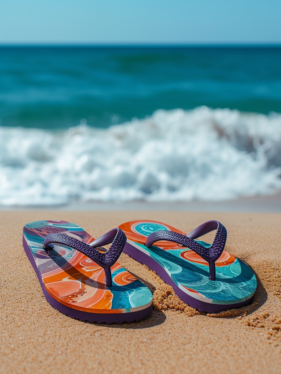 A pair of multicolored flip-flops for casual beach walks