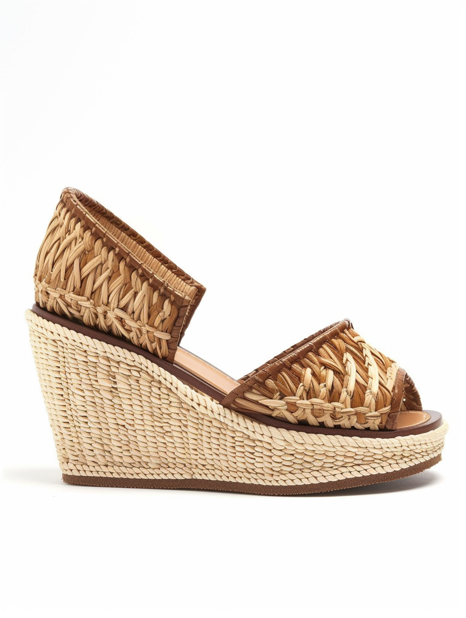A pair of wedge sandals with rattan detailing