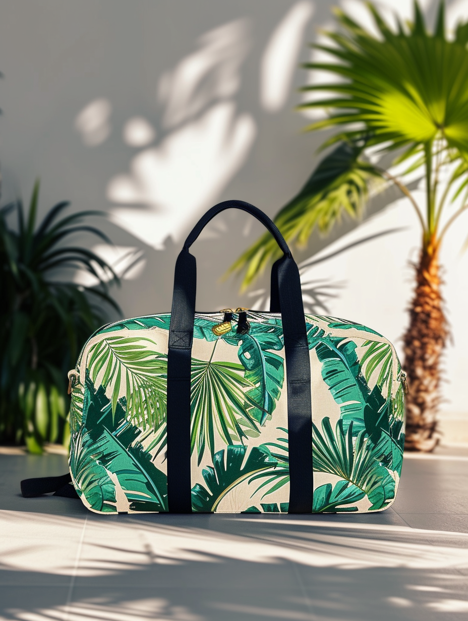 A palm leaf patterned duffle bag for travel