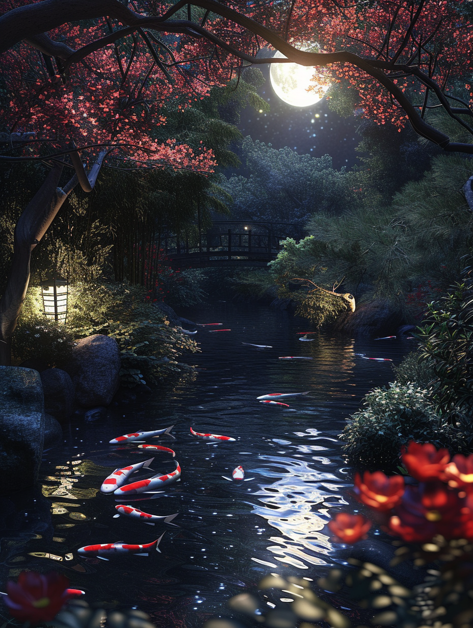 A peaceful Koi pond reflecting the moonlight in a silent garden