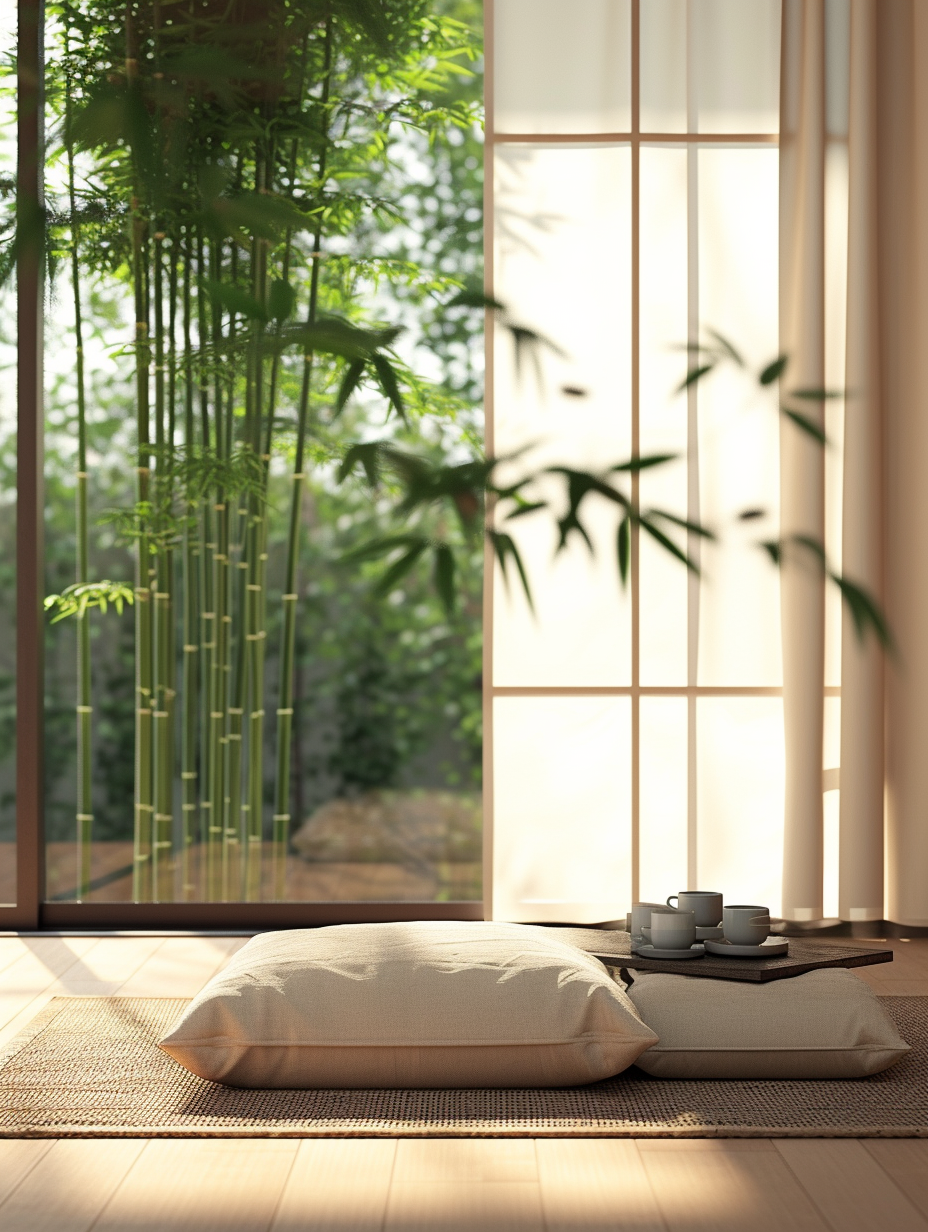 A peaceful Zen meditation corner illuminated by soft natural light, accentuated with a bamboo plant arrangement