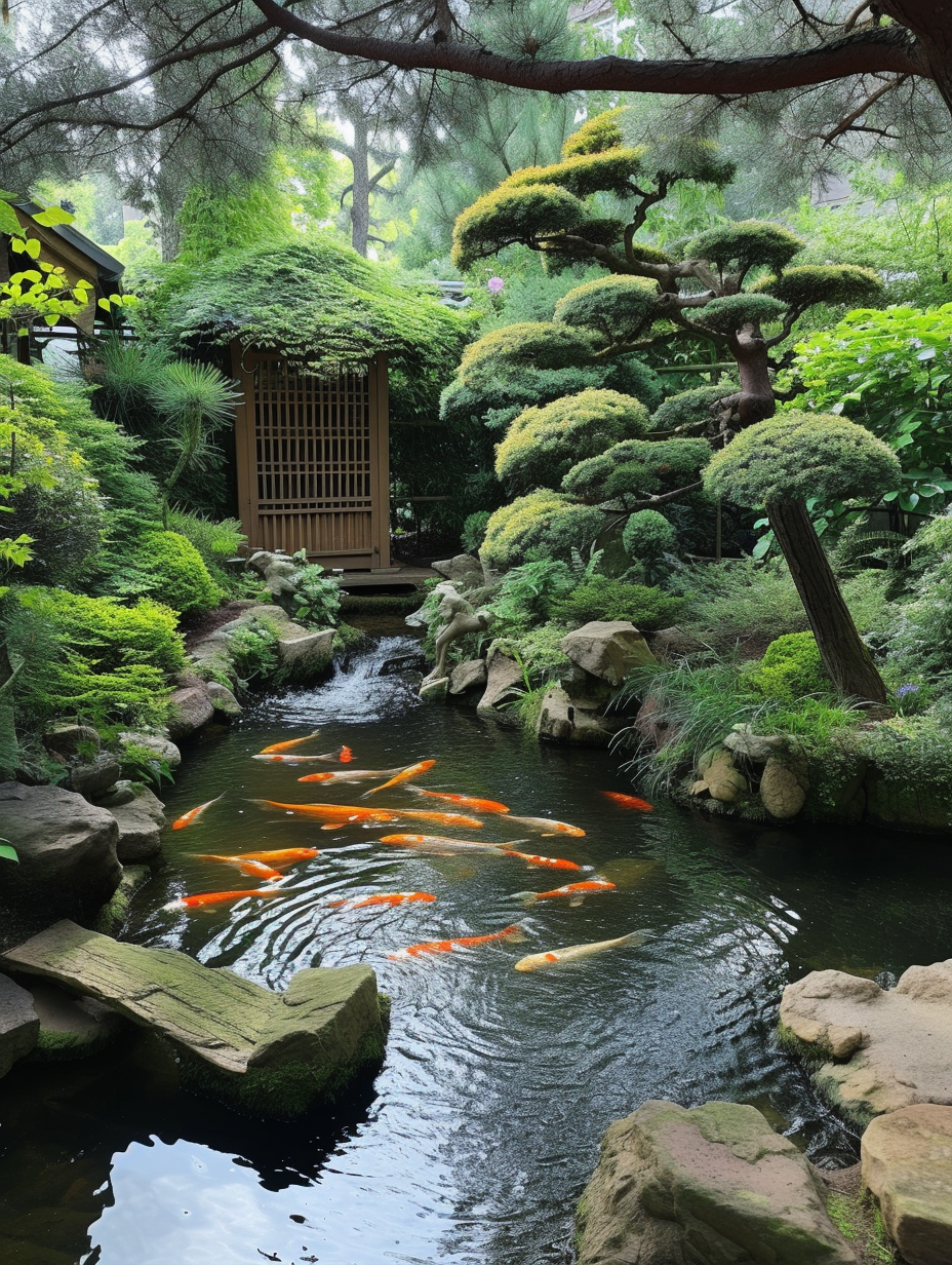 A peaceful garden featuring a Koi pond surrounded by bonsai trees