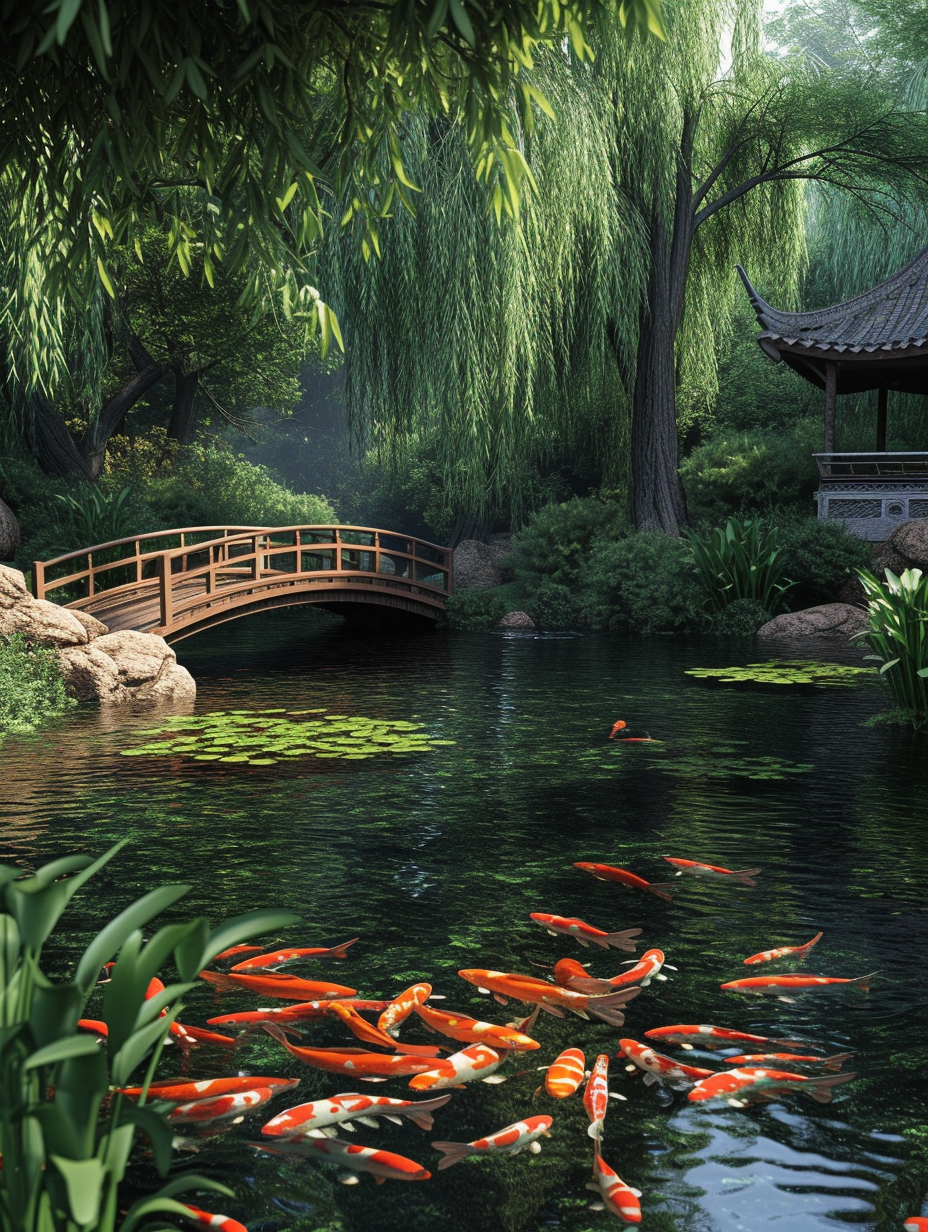 A peaceful koi pond with a small wooden bridge and willow trees