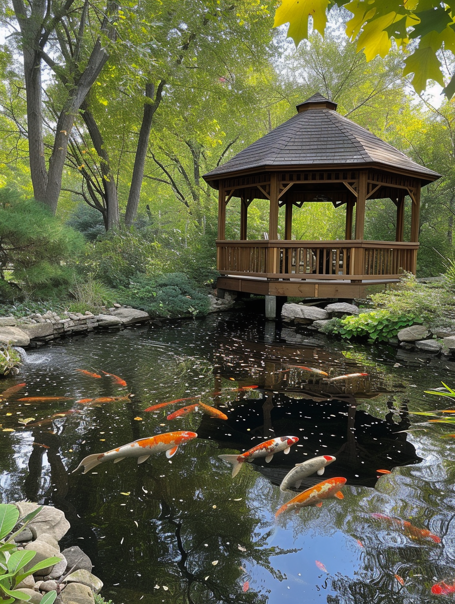 A peaceful koi pond with a wooden gazebo overlooking the water