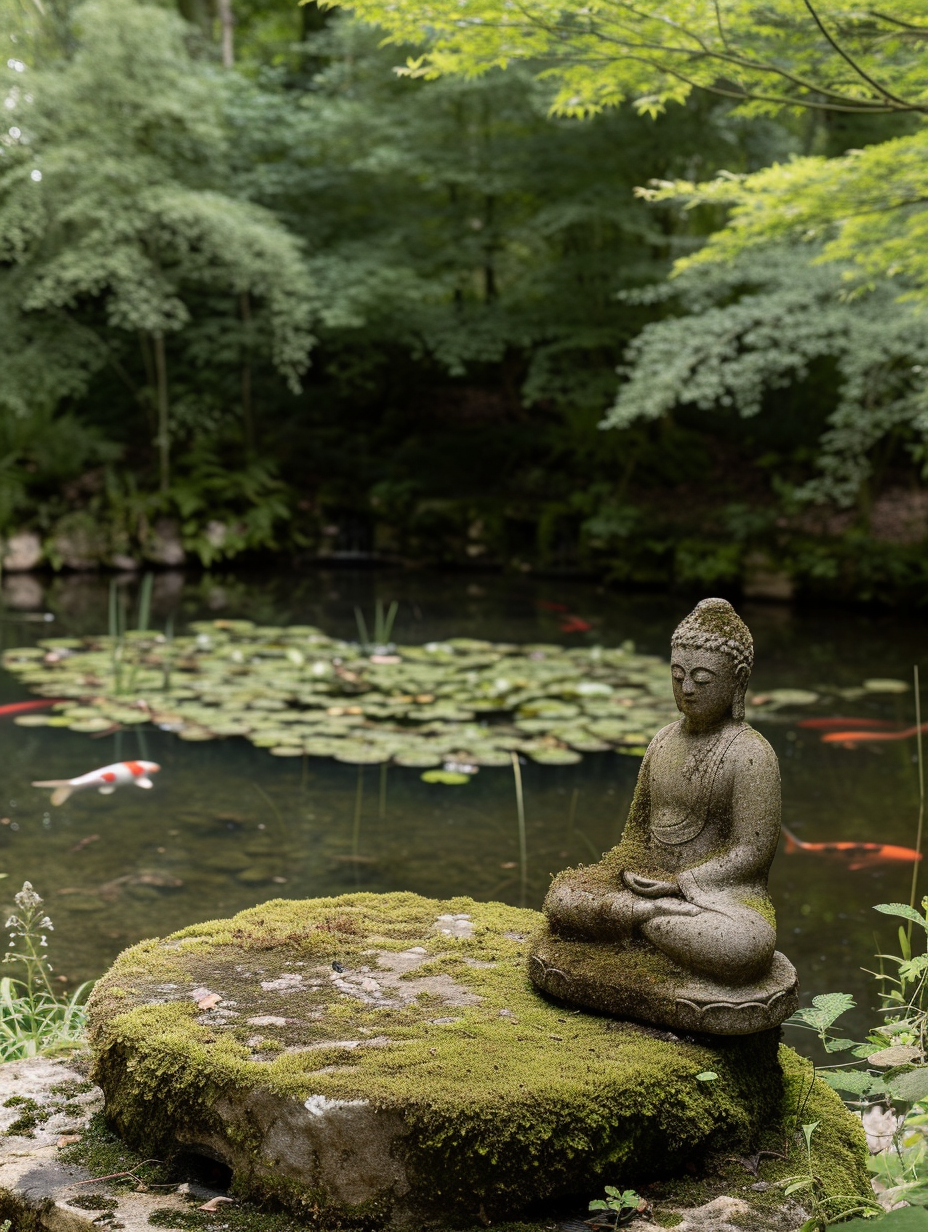 A peaceful water garden featuring a moss-covered statue by a koi pond
