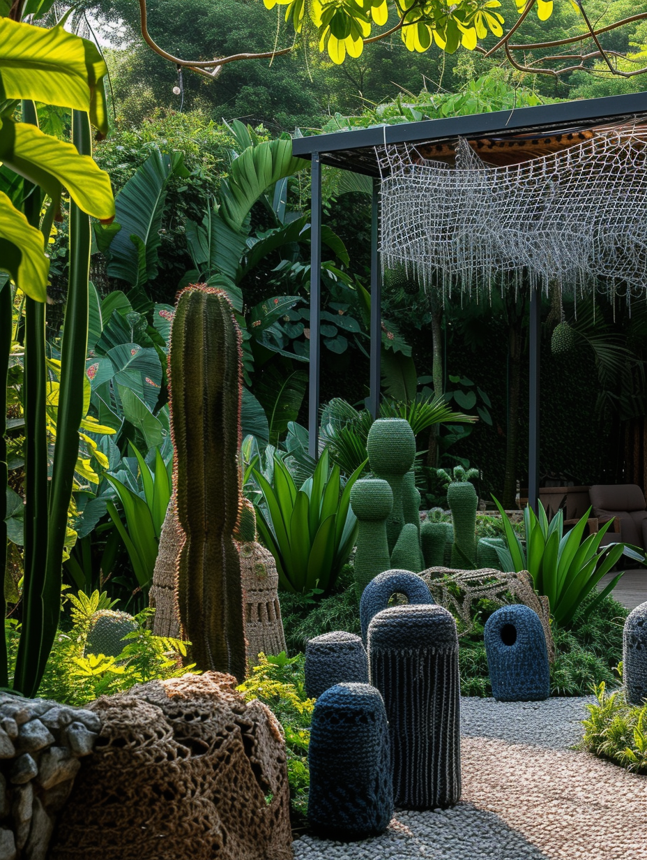 A photo of a serene garden decorated with a crocheted denim craft in a sustainable style