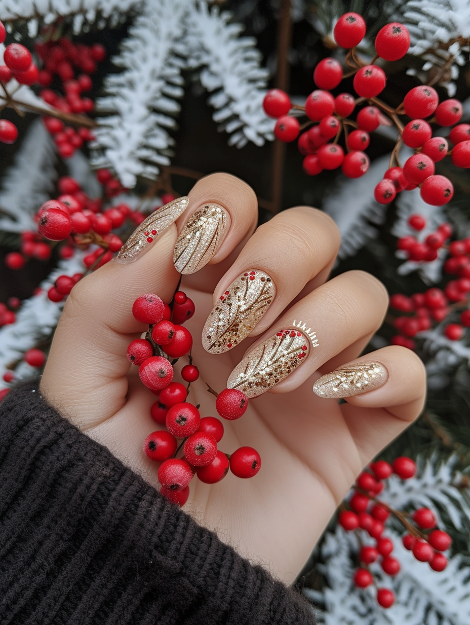 A photo of hands showcasing manicured nails decorated with a glittery gold winter design alongside red Christmas berries