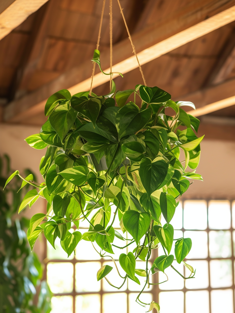 A pothos plant hanging from a rustic wooden ceiling in a bright room