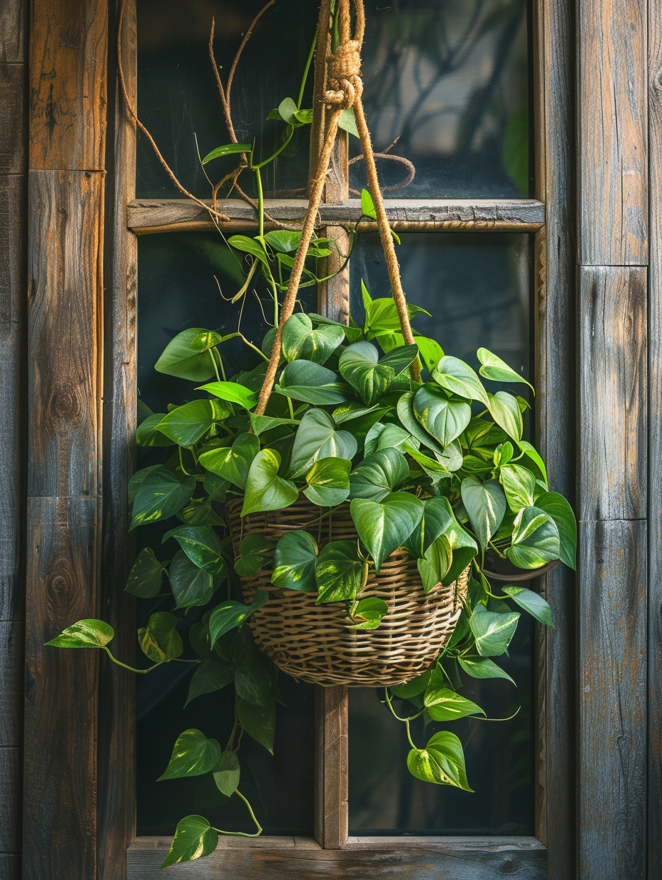 A pothos plant in a hanging basket with its tendrils falling down by the side of a vintage wooden window