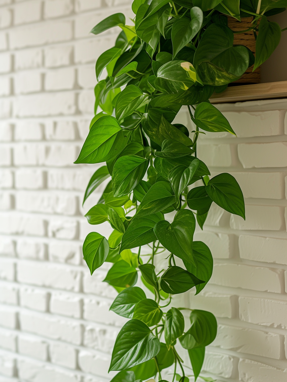 A pothos plant with large leaves hanging along a white brick wall in a cozy apartment