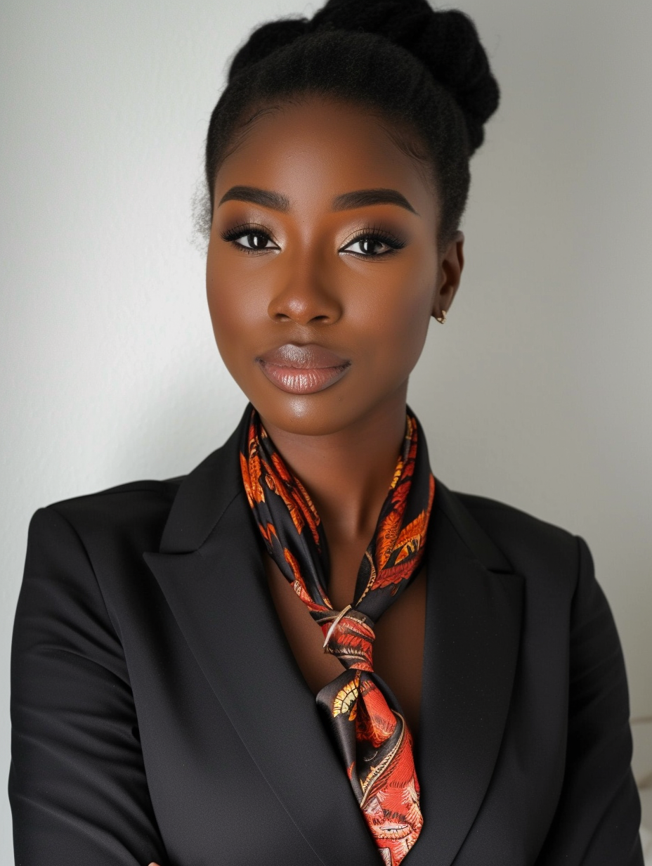 A professional woman with a silk scarf used as a smart tie