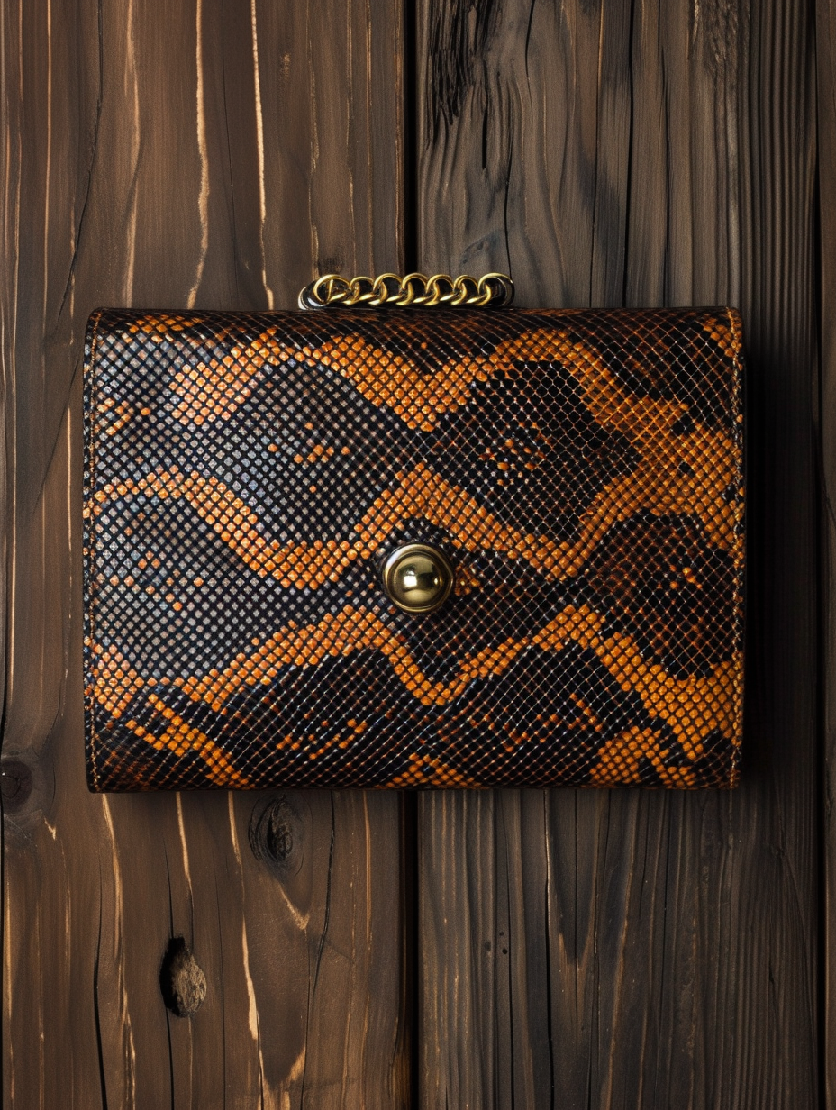 A python print stunning clutch against a wooden surface