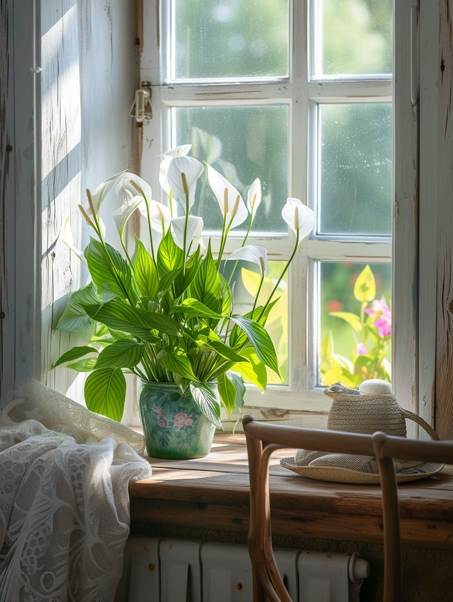 A quaint cottage-inspired kitchen nook with a beautiful display of peace lilies on the windowsill