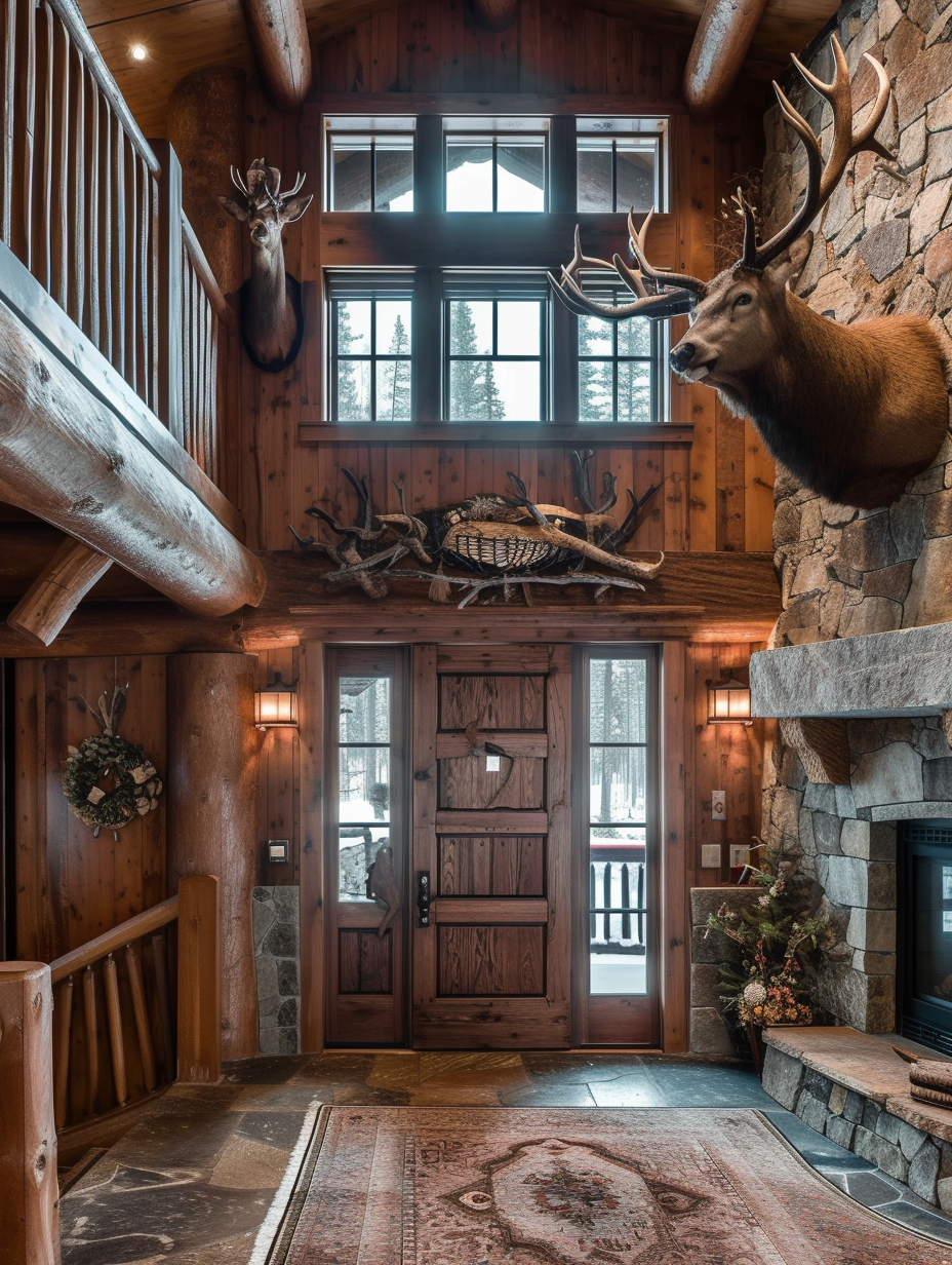 A quaint mountain lodge entryway featuring a wooden carved deer rack, a massive stone fireplace, and a hefty timber door with vintage hardware. --ar 3:4
