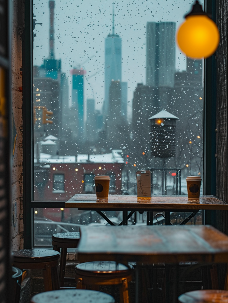 A quiet modern New Yorkish coffee shop with a skyline view from the window on a snowy day