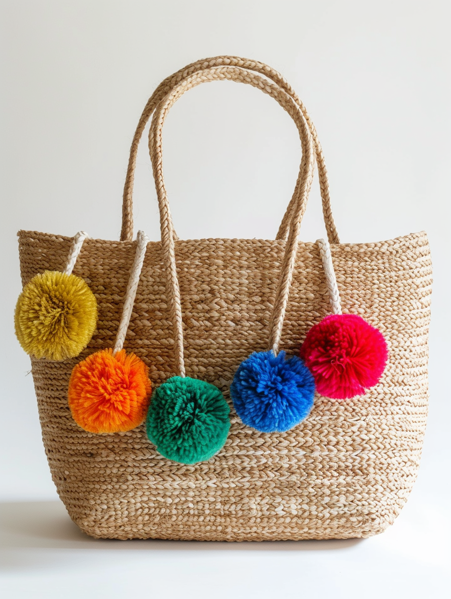 A raffia tote bag with colorful pom poms