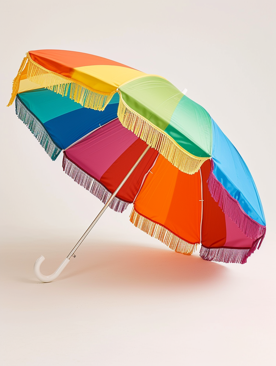 A rainbow-hued beach umbrella with a fringed border