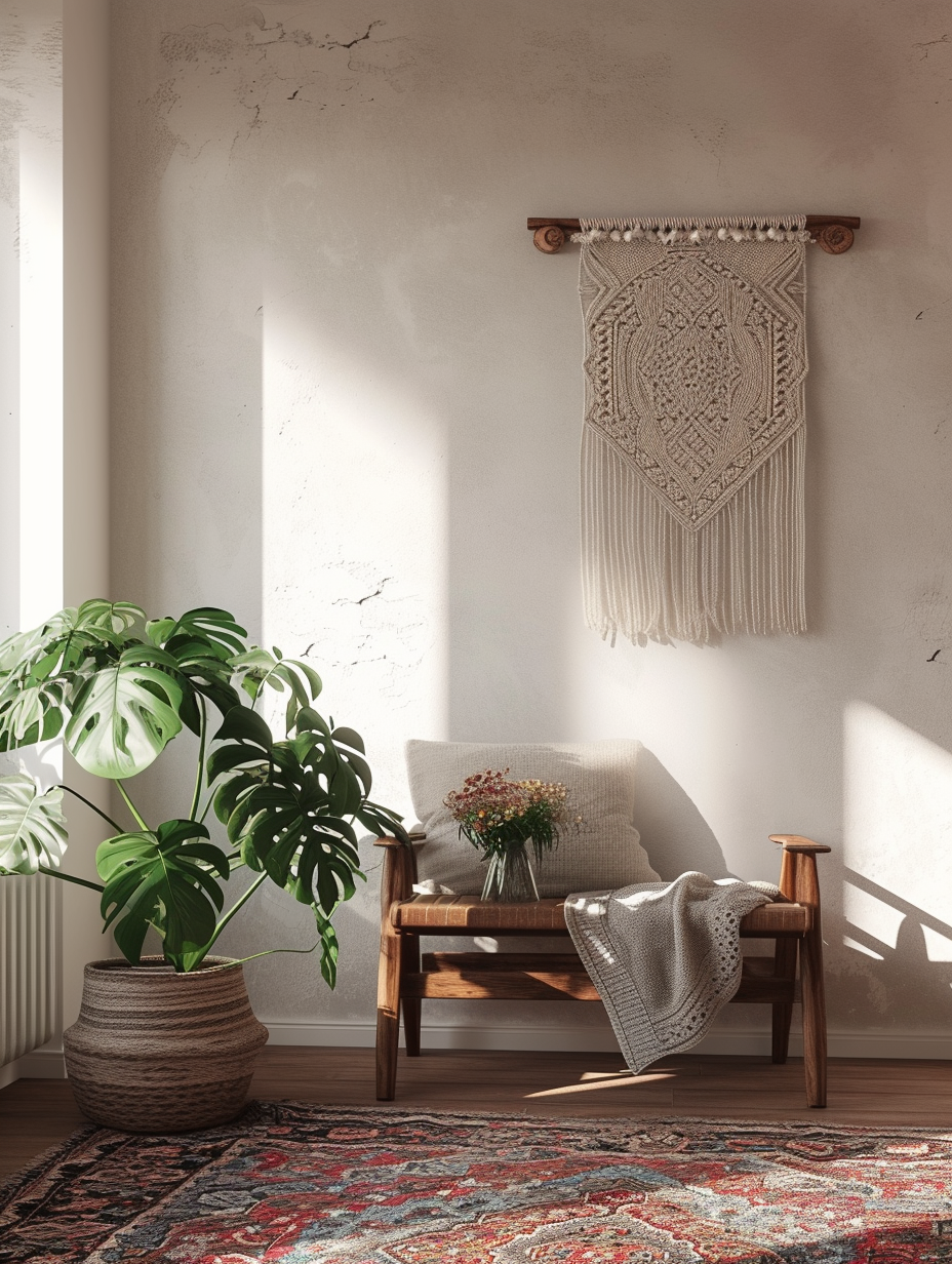 A rendering of a Bohemian corner with well-lit green Monstera plant and macrame wall hanging