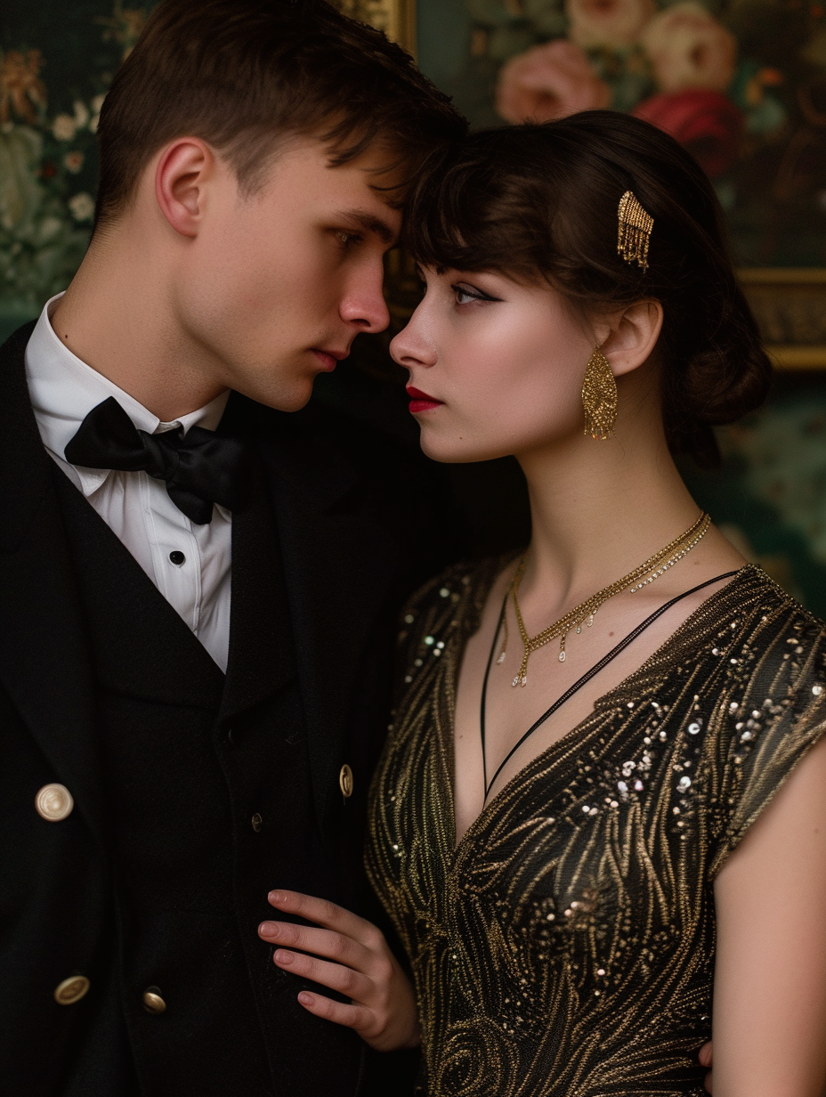 A romantic couple dressed in vintage evening wear inspired by the glamorous 1920s