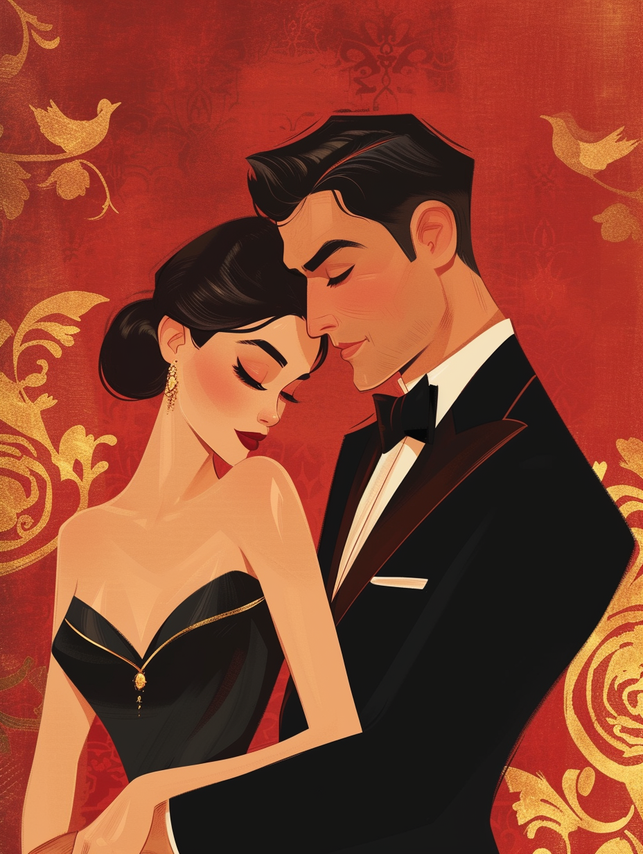 A romantic scene featuring a man in a classic tuxedo and a woman in an elegant satin evening dress inspired by the 60s.