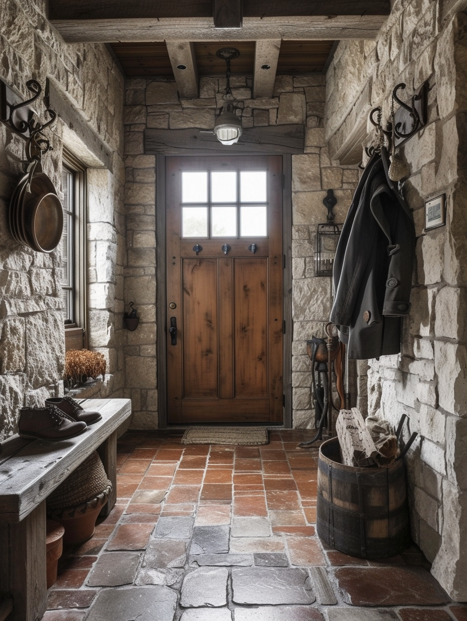 A rural cottage-themed entryway with stone walls, heavy wooden door, wrought iron coat hooks, and a terra cotta tiled floor --ar 3:4