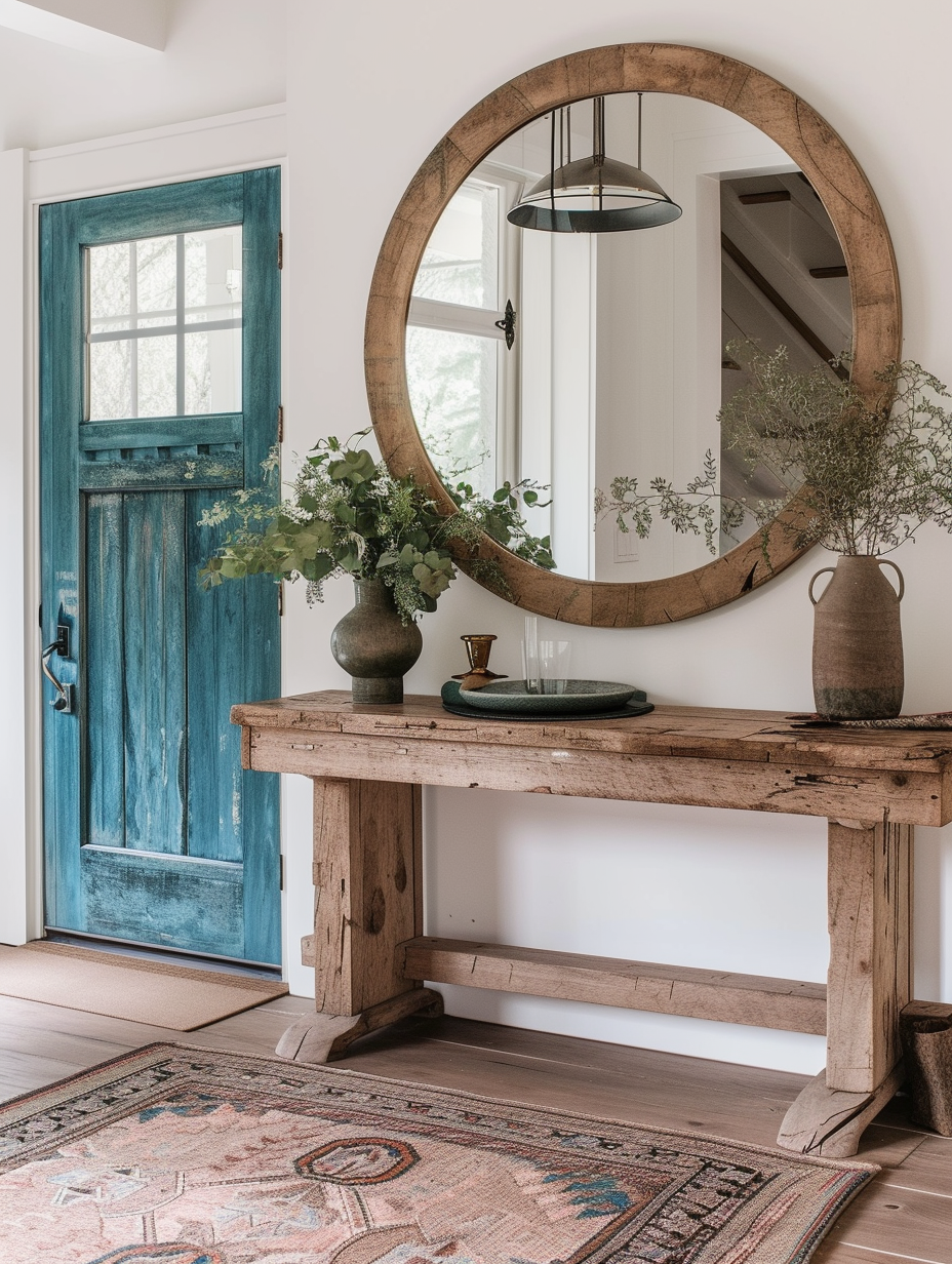 A rustic entryway composed of natural wood with a polished oak table, a large round mirror above it and a vintage door in beautiful weathered teal --ar 3:4