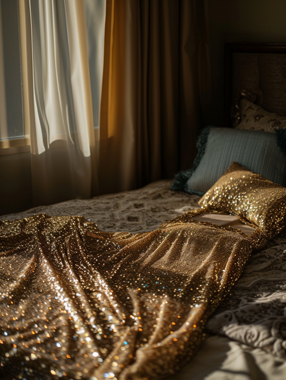 A sequin gown laid out on a bed before a grand event