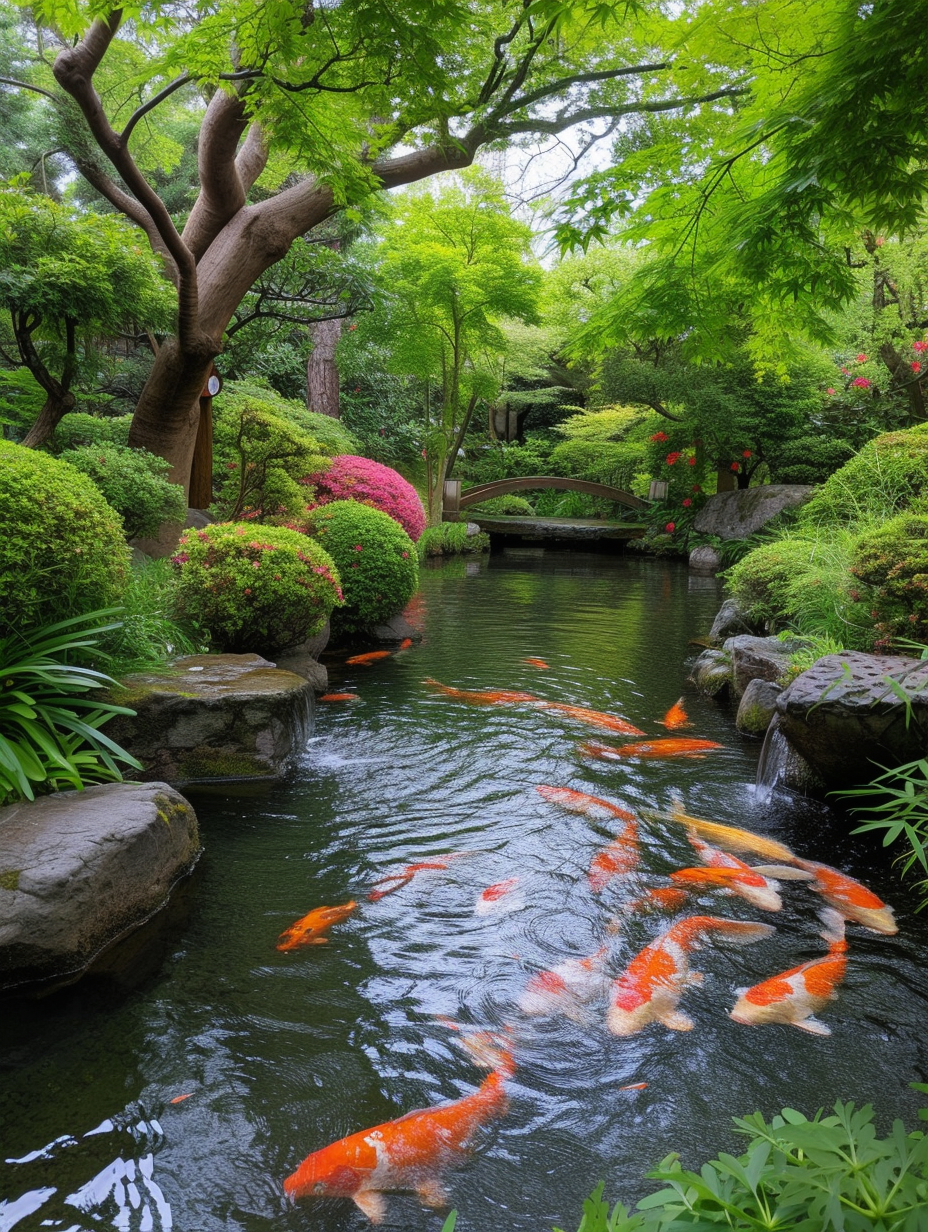 A serene Japanese water garden with a koi pond