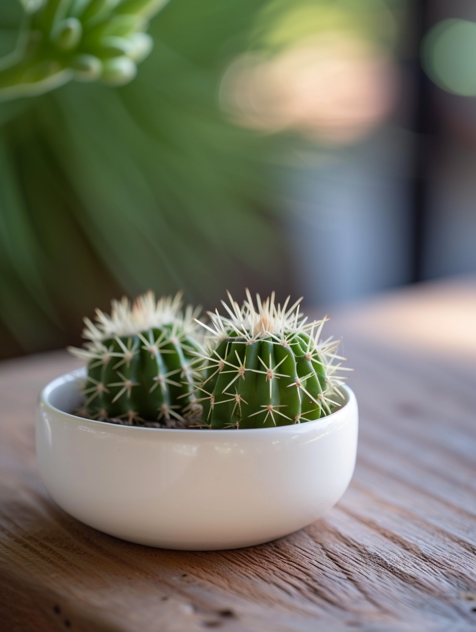 A serene indoor Zen cactus garden set within a minimalist white ceramic dish, placed on a wooden surface