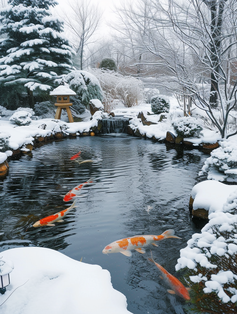 A serene koi pond encompassed by snowy winter garden