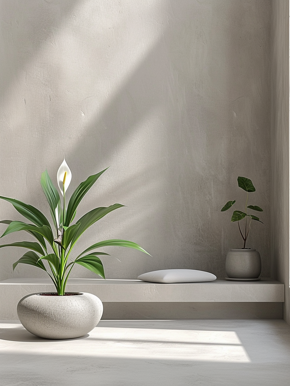 A serene meditation corner graced by a lush green peace lily in a minimalist setting