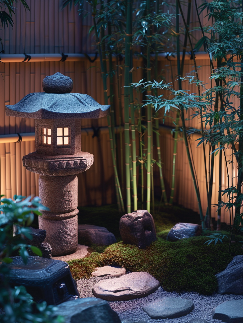 A serene night scene of a Zen garden, the area around a stone lantern softly lit, revealing a meticulous bamboo arrangement
