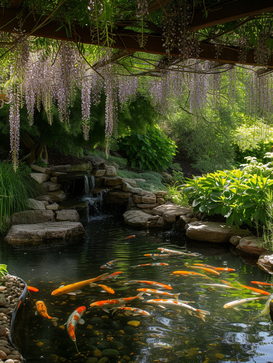 A serene water garden with a Koi pond under hanging wisteria flowers