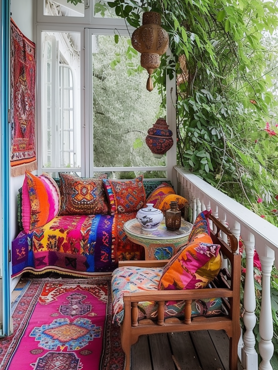 A shabby-chic Bohemian balcony filled with colorful vintage furniture and patterned textiles --ar 3:4